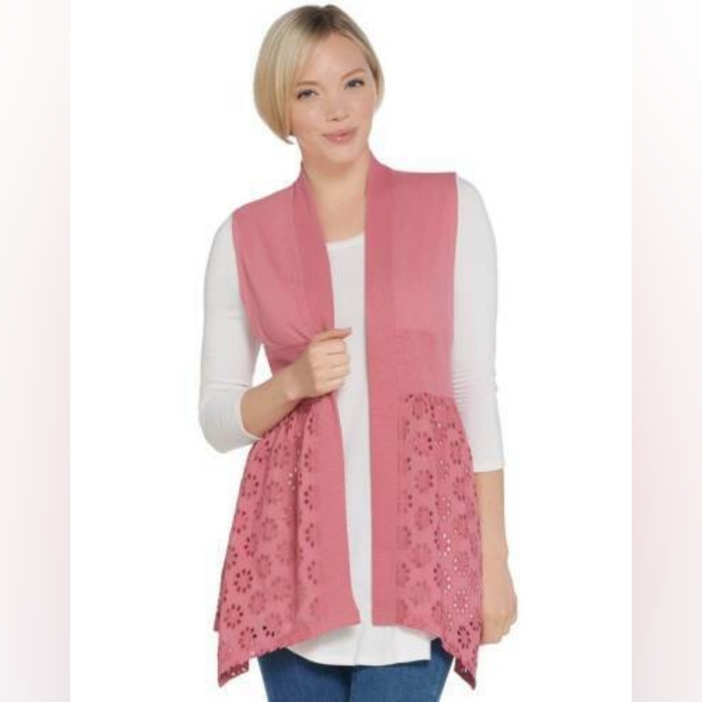 Logo by Lori Goldstein Open Front 100% Cotton Slub Knit/Eyelet Vest Salmon NWOT
